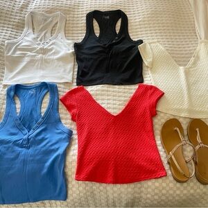 3 New American Eagle Henley Tank Tops, 2 cropped T’s & like new sandals size 7